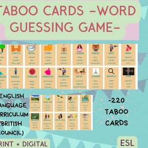 Leuke taboe-spelkaarten afdrukbare direct downloaden, woordenschatspel, Engelse lessen voor studenten, trefwoorden leerplan