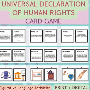 Juego de cartas de la Declaración Universal de los Derechos Humanos, ESL, aula, actividad de lenguaje figurativo, educación en inglés, imprimible digital, póster