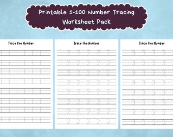 Numbers 1-100 Tracing Worksheet Pack, Handwriting Practice (Digital Download)