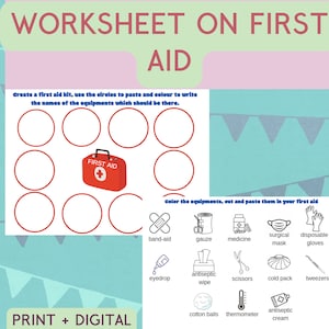 Puede incluir: Una hoja de trabajo imprimible para que los niños aprendan sobre primeros auxilios. La hoja de trabajo tiene un botiquín de primeros auxilios rojo y 10 círculos para rellenar con los nombres de los suministros de primeros auxilios. Debajo de los círculos hay 12 suministros de primeros auxilios para recortar y pegar en los círculos. Los suministros incluyen tiritas, gasa, medicamentos, una mascarilla quirúrgica, guantes desechables, colirio, toallitas antisépticas, tijeras, una compresa fría, pinzas, bolas de algodón, un termómetro y crema antiséptica.