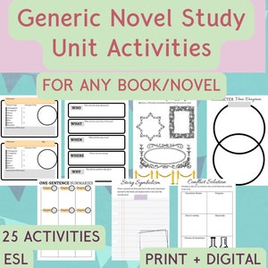 Generic Novel Study Unit Activities | Reading Comprehension | ANY BOOK, ESL, Worksheet, Primary, Classroom Activity, Novel Study, Printables