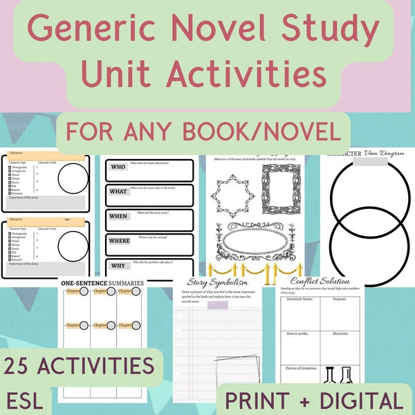 Generic Novel Study Unit Activities | Reading Comprehension | ANY BOOK, ESL, Worksheet, Primary, Classroom Activity, Novel Study, Printables