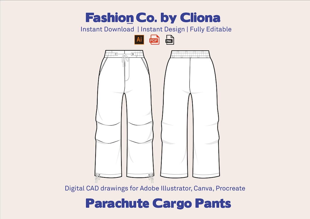 Parachute Cargo Pants CAD Template: Baggy Techwear Flat