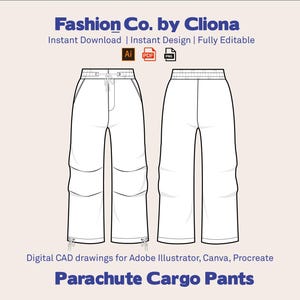 Parachute Cargo Pants CAD Template: Baggy Techwear Flat Sketch (AI, PDF)