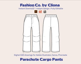 Modèle CAO de pantalon cargo parachute : croquis plat Baggy Techwear (AI, PDF)