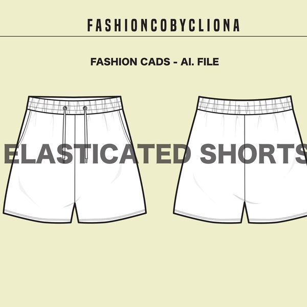 Elasticated Shorts - Fashion Design Template - Range Plan - Flat Sketch Technical Drawing - Illustrator Ai. PDF Vector Instant Download File