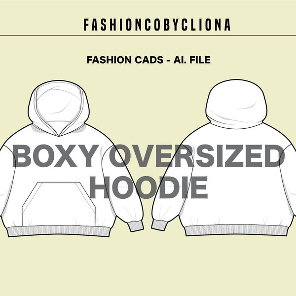 Boxy Oversized Fit Hoodie Blank - Fashion Design Illustrator Template CAD PDF Vector Ai. - Technical Flat Drawing Sketch - Download File