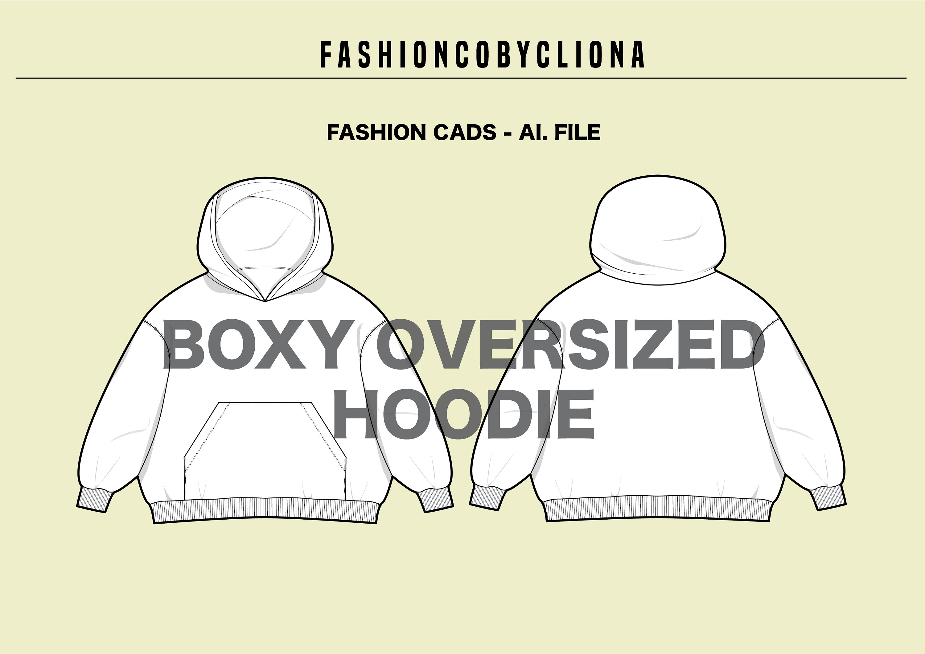 Boxy Oversized Fit Hoodie Blank Fashion Design Illustrator Template CAD PDF Vector Ai. Technical Flat Drawing Sketch Download File Etsy
