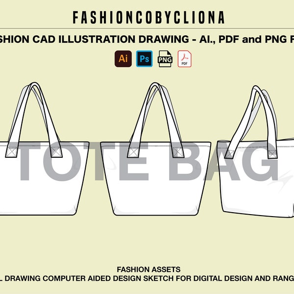 Large Tote Bag - Mock Up CAD Vector Ai. PNG PDF File - Fashion Designing - Technical Flat Sketch Digital Drawing - Instant Download File