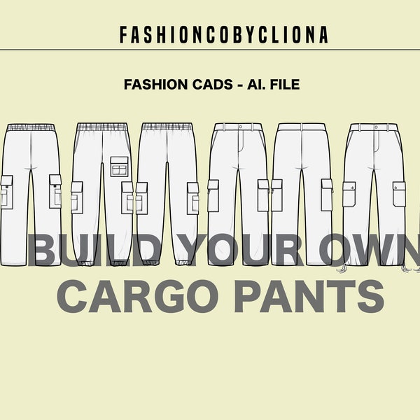 Design Your Own Cargo Pocket Pants - Bundle Fashion Design Template - Flat Sketch Technical Drawing-Illustrator Ai. PDF Vector Download File