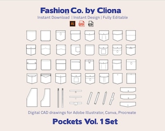 Fashion Design Pockets Template: Technical Flat Sketch (AI, PDF Vector Downloadable File)
