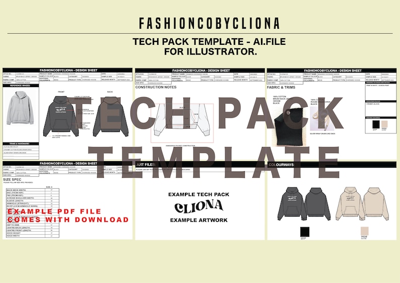 May include: A tech pack template for fashion designers, featuring a hoodie design with different colorways. The template includes design sheets, construction notes, fabric and trim specifications, and colorways. The text "TECH PACK TEMPLATE" is overlaid on the image.