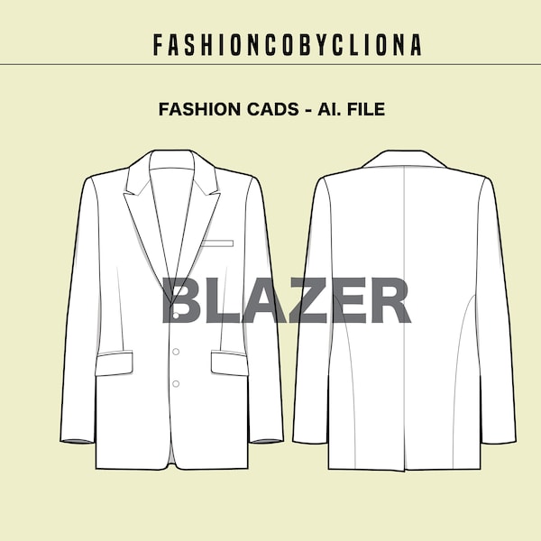 Blazer Formal Jacket - CAD Vector Ai. PDF File - Range Plan - Technical Sketch Flat Mock Up Drawing - Instant Download File