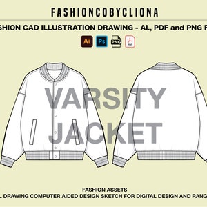 Varsity Oversized Jacket - Design Template - Flat CAD PNG Sketch Technical Drawing - Illustrator Ai. PDF Vector Instant Download File