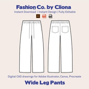 Wide Leg Pants Trousers Joggers CAD Fashion Design Template -Flat Sketch Technical Draw-Illustrator Ai. PDF PNG Vector Instant Download File