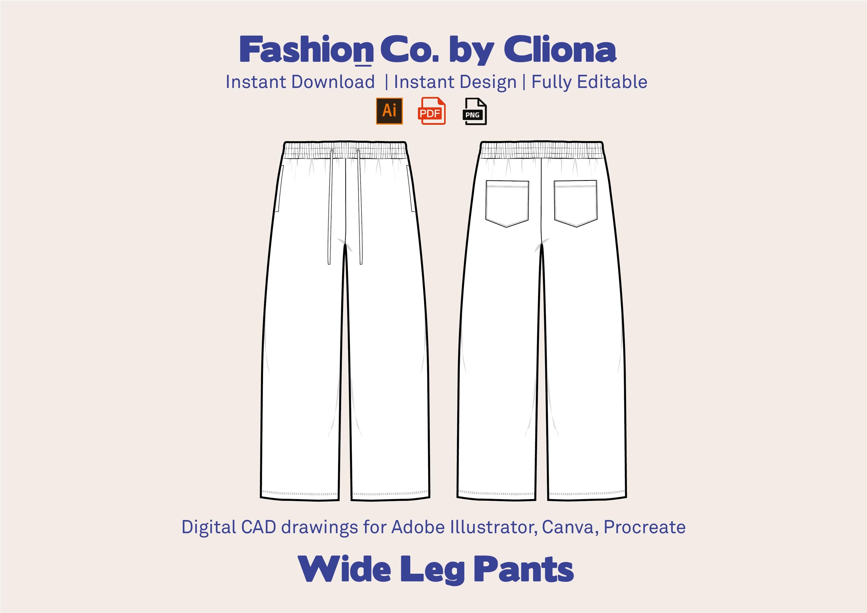 Wide Leg Pants Trousers Joggers CAD Fashion Design Template -Flat Sketch Technical Draw-Illustrator Ai. PDF PNG Vector Instant Download File