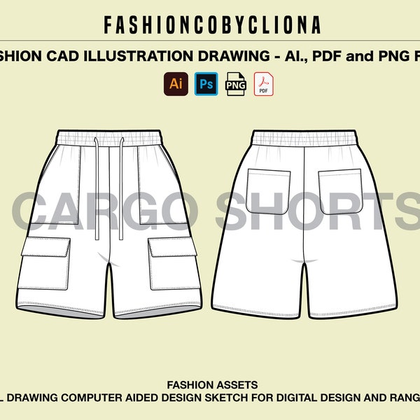 Cargo Multi Pocket Drawstring Short Fashion Design Digital Template-Flat Sketch Drawing-Illustrator Ai. PDF Vector CAD Télécharger le fichier instantané