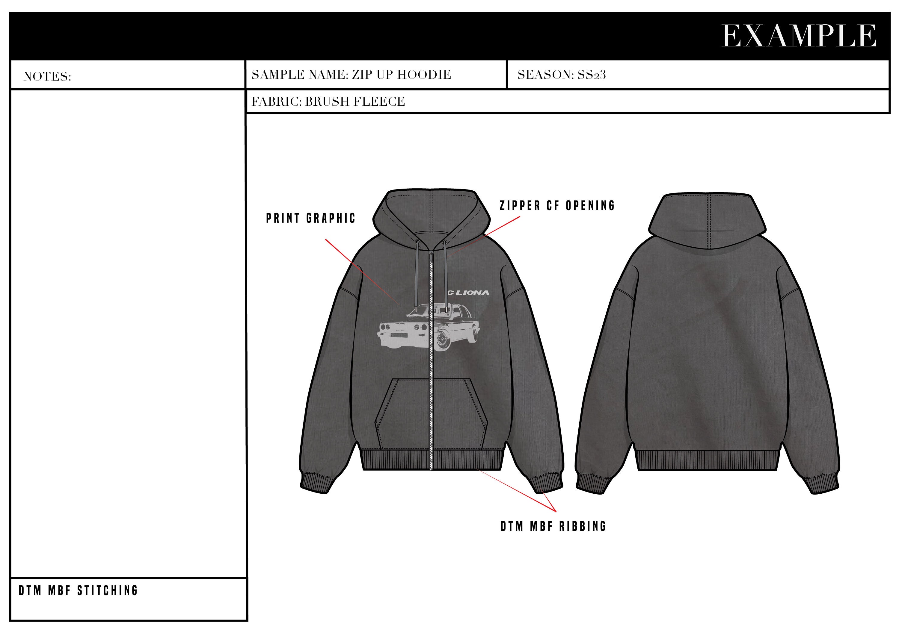 Zip up Hoodie CAD Template: Fashion Design Flat Sketch (AI, PDF