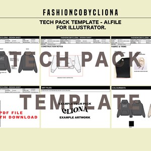 May include: A tech pack template for fashion designers, featuring a hoodie design with different colorways. The template includes sections for construction notes, fabric and trims, art files, and colorways. The text "TECH PACK TEMPLATE - AI.FILE FOR ILLUSTRATOR." is at the top of the page.