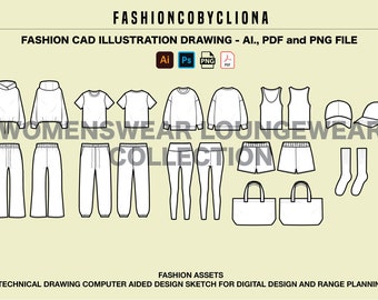 Damen Loungewear Fashion-Design-Vorlage: Technische flache Skizzen (AI, PDF, PNG)