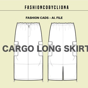 CAD Flat Sketch Cargo Long Maxi Drawstring Skirt Techwear Y2K Fashion Design Template - Illustrator Ai. PDF Vector Download Instant File