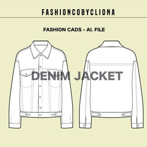 Denim Jacket - CAD Vector Ai. File - Fashion Designing Range Plan Technical Flat Sketch Drawing Template - Instant Download Digital File