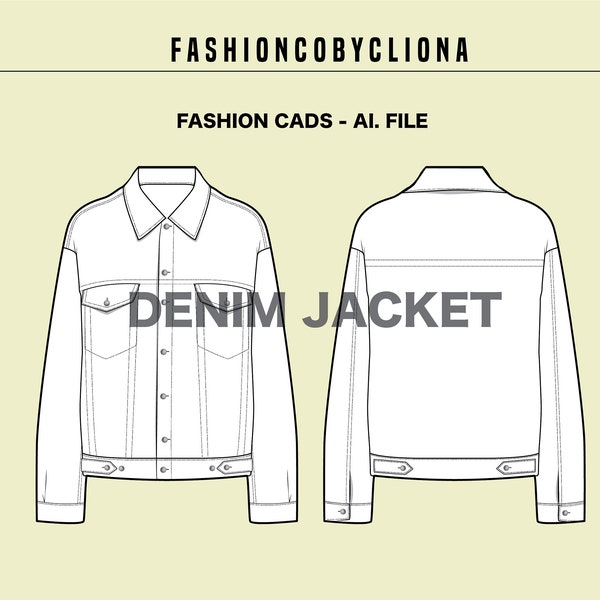 Denim Jacket - CAD Vector Ai. File - Fashion Designing Range Plan Technical Flat Sketch Drawing Template - Instant Download Digital File