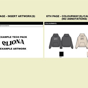 May include: A tech pack template for a hoodie with the brand name "CLIONA" and example artwork. The template includes a colorway section with three different color options: black, gray, and beige.