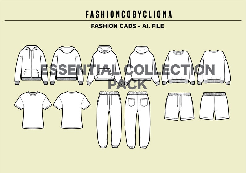 Essentials Set Hoodie Joggers Shorts Bundle Fashion Design Template - Flat Sketch Technical Drawing-Illustrator Ai. PDF Vector Download File 