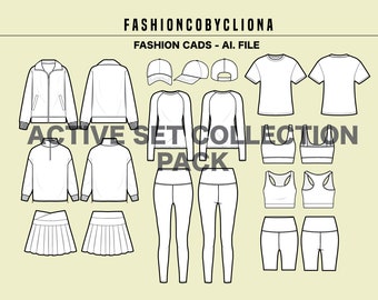Activewear Essential Sportswear Gymwear Bundle Fashion Design Template -Flat Sketch Tech Drawing-Illustrator Ai. PDF Vector Download File