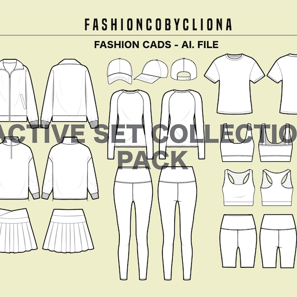 Activewear Essential Sportswear Gymwear Bundle Fashion Design Template -Flat Sketch Tech Drawing-Illustrator Ai. PDF Vector Download File