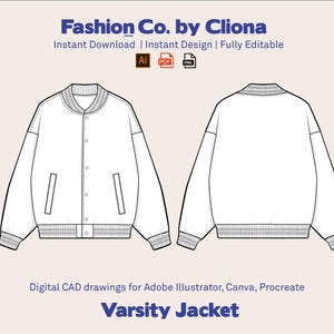 Plantilla de diseño de chaqueta universitaria: Boceto CAD plano (AI, PDF)