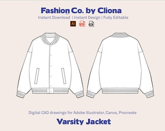Varsity Jacket Design Template: Flat CAD Sketch (AI, PDF)