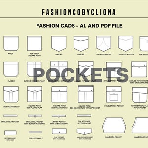 Digital Pockets Pack Fashion Design Template - Flat Sketch Technical Drawing - Illustrator Ai. CAD - PDF Vector Instant Download File