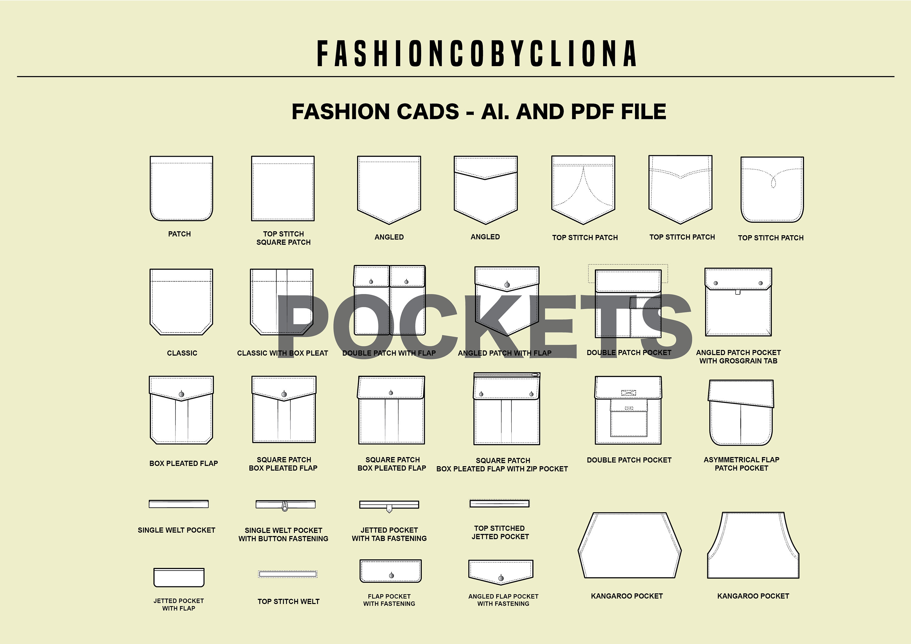 Pockets Pack Fashion Design Template Flat Sketch Technical Drawing