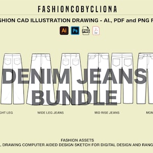 Puede incluir: Dibujo técnico de línea de diferentes estilos de jeans de mezclilla, incluyendo pierna recta, pierna ancha, tiro medio y jeans de mamá. El dibujo está etiquetado como "Denim Jeans Bundle".