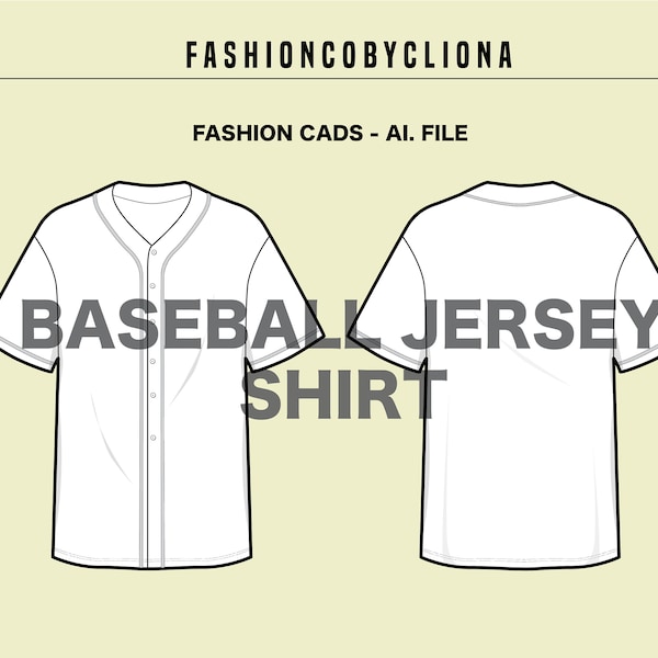 Baseball Sports Jersey Button Shirt CAD Template - Vector Ai. File - Technical Flat Sketch Drawing Clothing Vector - Download Instant File