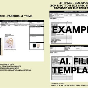 May include: A design sheet for a clothing item with a size specification template. The sheet includes fabric and trim details, such as 100% cotton brush back jersey and 100% cotton round drawcords. The sheet also includes a size specification template with measurements for different sizes. The text "AI. FILE TEMPLATE" is visible on the sheet.