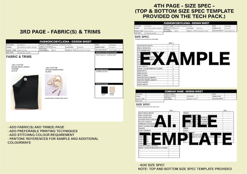 May include: A design sheet for a clothing item with a size specification template. The sheet includes fabric and trim details, such as 100% cotton brush back jersey and 100% cotton round drawcords. The sheet also includes a size specification template with measurements for different sizes. The text "AI. FILE TEMPLATE" is visible on the sheet.