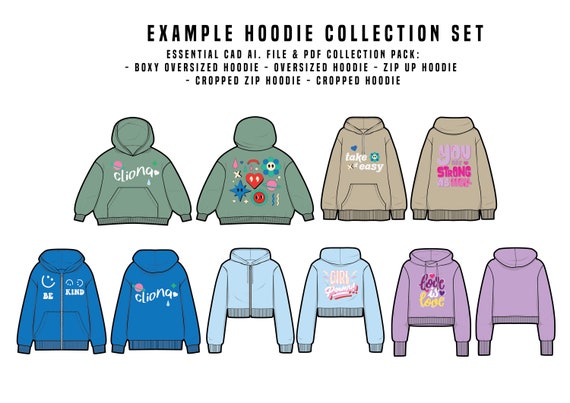 Hoodies Streetwear Pack CAD Bundle Fashion Design Mock up Template Flat Sketch Technical Drawing illustrator Ai. PDF Vector Download File Etsy