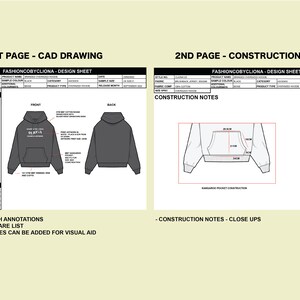 May include: A technical drawing of a hoodie design with a kangaroo pocket. The drawing shows the front, back, and a close-up of the pocket construction. The text "FASHIONCOBYCLIONA - DESIGN SHEET" is at the top of the page.
