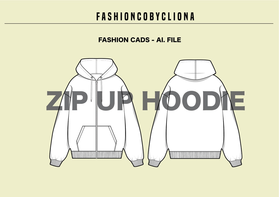 Zip up Hoodie CAD Template: Fashion Design Flat Sketch (AI, PDF) - Etsy