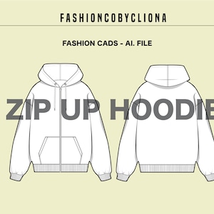 Zip Up Drop Shoulder Hoodie CAD Fashion Design Template - Flat Sketch Technical Drawing - Illustrator Ai. PDF Vector Instant Download File