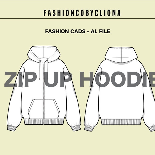 Zip Up Drop Shoulder Hoodie CAD Fashion Design Template - Flat Sketch Technical Drawing - Illustrator Ai. PDF Vector Instant Download File