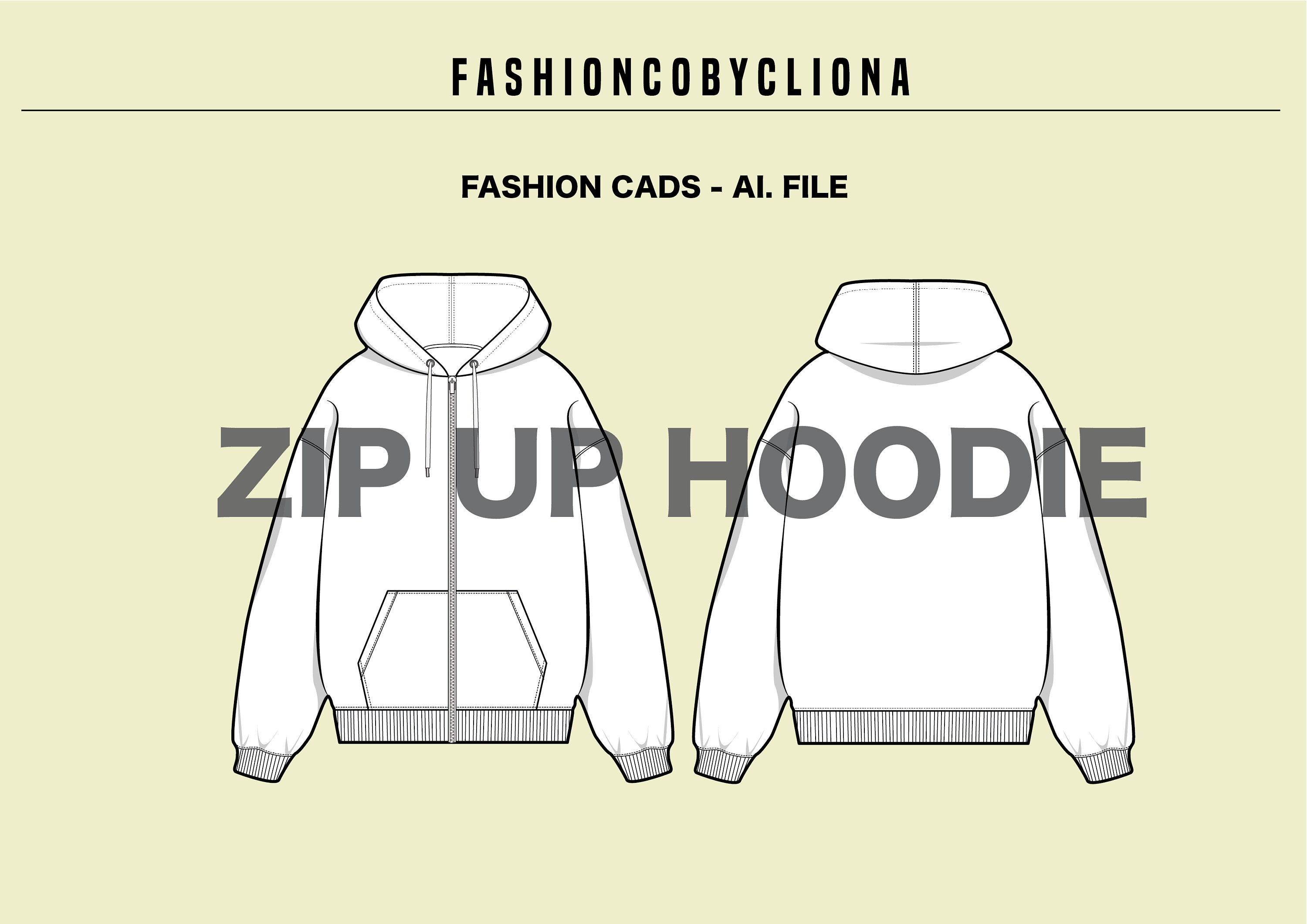 Zip up Hoodie CAD Template: Fashion Design Flat Sketch (AI, PDF