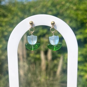 Blue or pink tulips dangle stud earrings stainless steel - gold + silver option