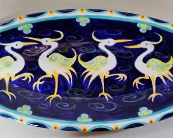 Bird design large oval platter 20.5" wide x 10" stoneware pottery handmade handpainted