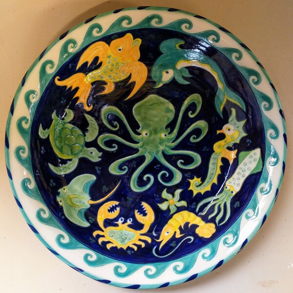 Sea life low bowl stoneware handmade handpainted pottery