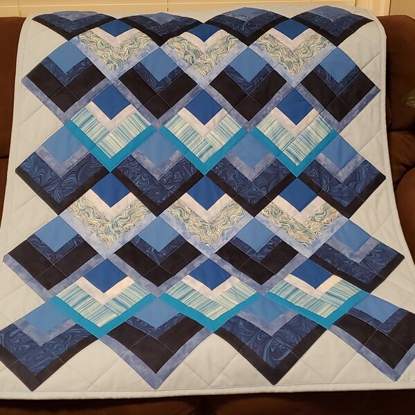 Handmade Light Blue Navy Lap Quilt  Half log cabin pattern Couch or chair throw Housewarming gift  Made in Canada Wedding Shower gift