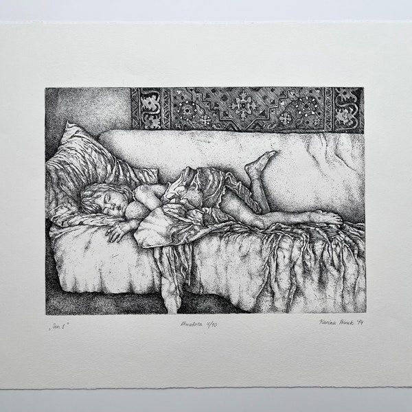 Grabado Grabado / Grabado / Intaglio / Aguatinta / Blanco y negro / Arte original / Decoración de pared / Niña dormida / Sueño 1